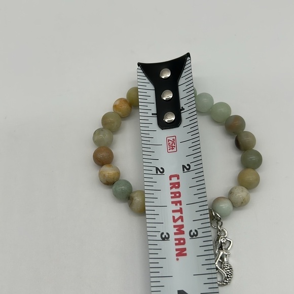 1915- Amazonite Beaded Stretch Bracelet with Silver Mermaid Charm-Calming Stone - Picture 5 of 6